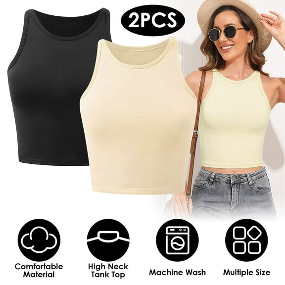 2PCS TeqHome Women Sleeveless Racer Back Tank Tops High Neck Crop Tops Camisole Yoga Shirts Athletic Undershirts Machine Washable Black Khaki XL