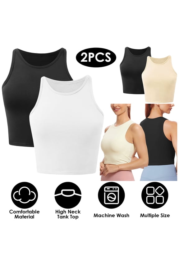 2PCS TeqHome Women Sleeveless Racer Back Tank Tops High Neck Crop Tops Camisole Yoga Shirts Athletic Undershirts Machine Washable Black+White S