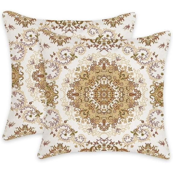2PCS Throw Waist Pillow Case Kerman Afghan Style Classical Pattern Cushion Persian Cover Pillowcase 18x18 Inches (Beige Yellow)