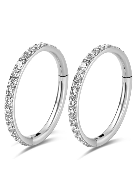 2PCS Titanium Nose Rings 16G CZ Hoop Nose Ear Clicker for Women 6mm to 10mm Hinged Segment Septum Lip Rings Tragus Conch Helix Cartilage Rook Daith Piercing Jewelry Silver- Gold
