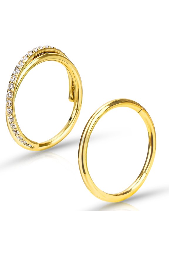 2PCS Titanium Nose Rings 16G CZ Hoop Nose Ear Clicker for Women 6mm to 10mm Hinged Segment Septum Lip Rings Tragus Conch Helix Cartilage Rook Daith Piercing Jewelry Silver- Gold
