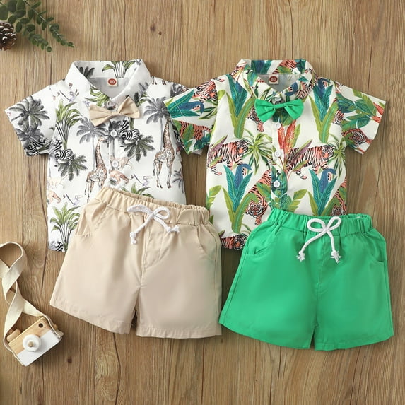 2PCS Toddler Baby Boys Hawaii Bow-tie Short Sleeve Blouse Shorts Summer Outfits