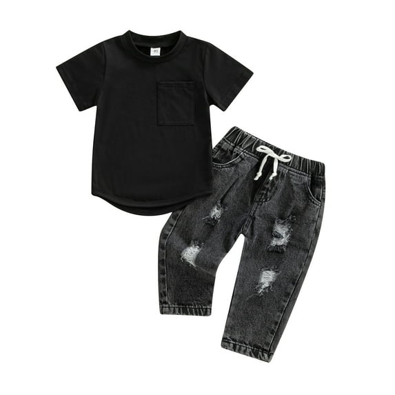 2PCS Toddler Baby Boys Outfits Short Sleeve T-Shirt Tops + Ripped Denim Pants 6M 12M 18M 24M 3T Infant Casual Set 6M 12M 18M 24M