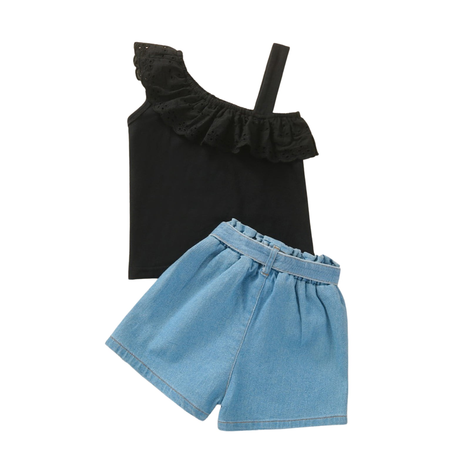2pcs Kid Girl Floral Print Camisole and Tie Belt Black Shorts Set