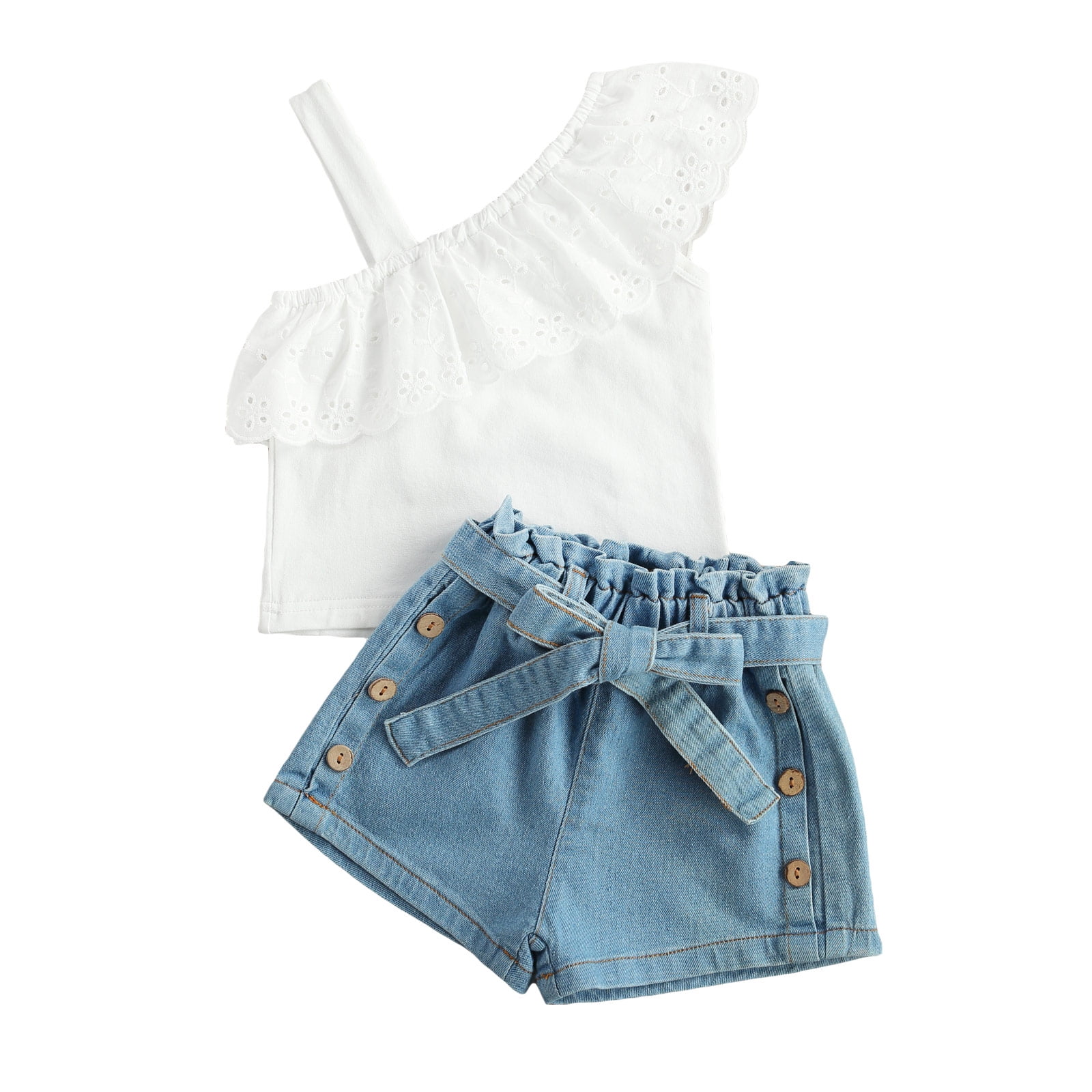 2PCS Toddler Baby Girl Denim Clothes Set One Shoulder Strap Ruffle Lace Tops  Button Jeans Shorts 