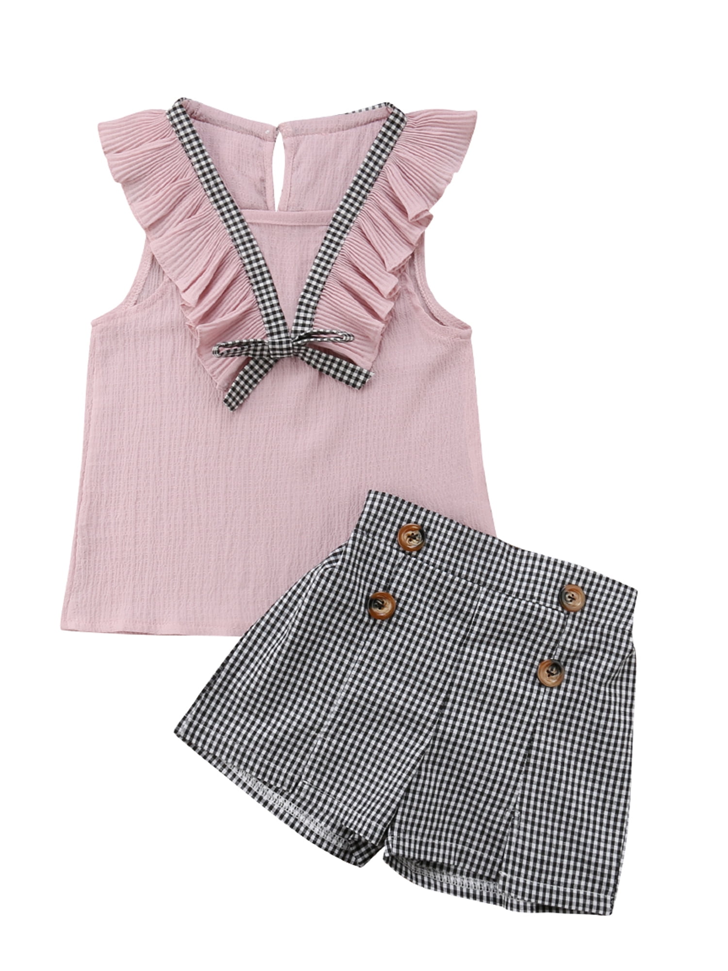 2PCS Toddler Baby Girl Sleeveless Tops Plaid Button Summer Shorts Set