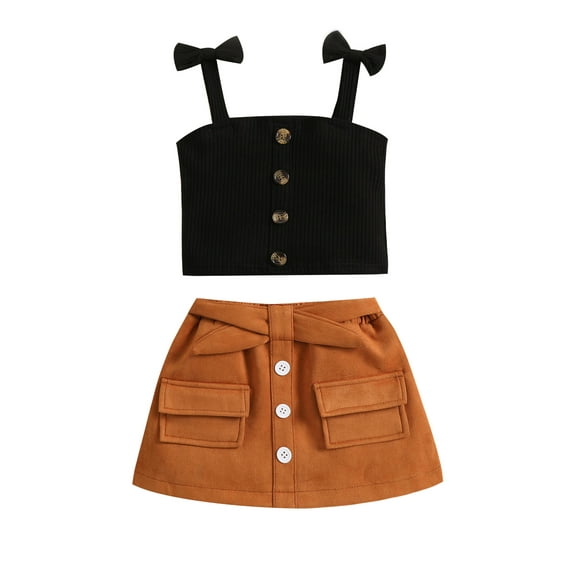 2PCS Toddler Baby Girls Summer Clothes Set, 6 12 18 24 Months 2T 3T 4T Bow Strap Ribbed Knit Tank Tops + Belted Skirt Outfits
