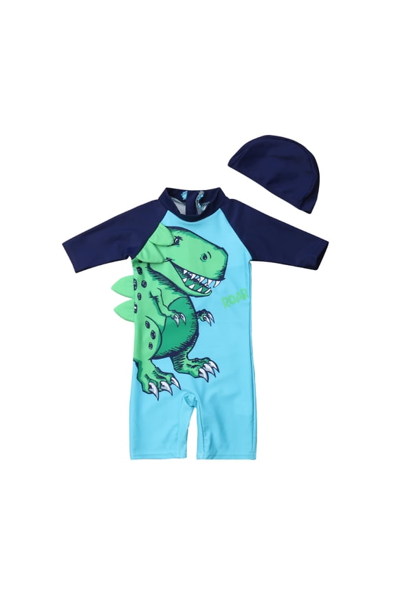 2PCS Toddler Baby Kids Boy Dinosaur Sun Protective Swimwear Rash Guard Swimsuit+Hat Costume