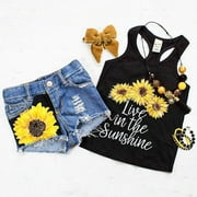 XIAXAIXU 2PCS Toddler Baby Kids Girl Summer Clothes Live in The Sunshine Sunflower Vest Tank Tops+Denim Short Pants Outfit Set 5-6 Years