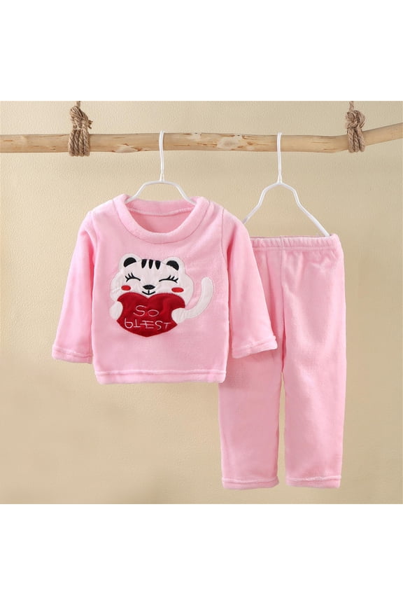 2PCS Toddler Boys Girls Winter Homewear Sets Warm Flannel Sleepwear Set Tops Pants Outfits Soft Comfy Fluffy Loungewear Clothes Leisure Outwear