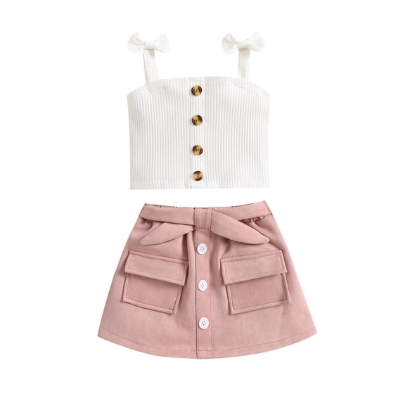 2PCS Toddler Girls Summer Clothes, Bow Strap Ribbed Knit Tank Tops + Belted Skirt Set 6 Months-4 Years