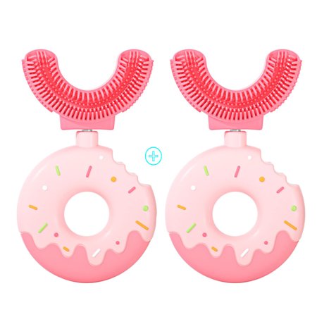 2PCS Toddler Toothbrush U-Shaped Kids Toothbrush Baby Soft Silicone Toothbrush 360° Oral Teeth Cleaning Design for Kids 2-7 Years Old (Doughnut Pink)