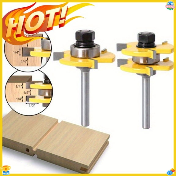 2PCS Tongue And Groove Router Bit Set - 1/4" Shank Adjustable Tongue And Groove Router Bit With 2pcs Slotting Cutter, T Shape Router Bits Set Soft And Hard Woods, MDF, Particle Board