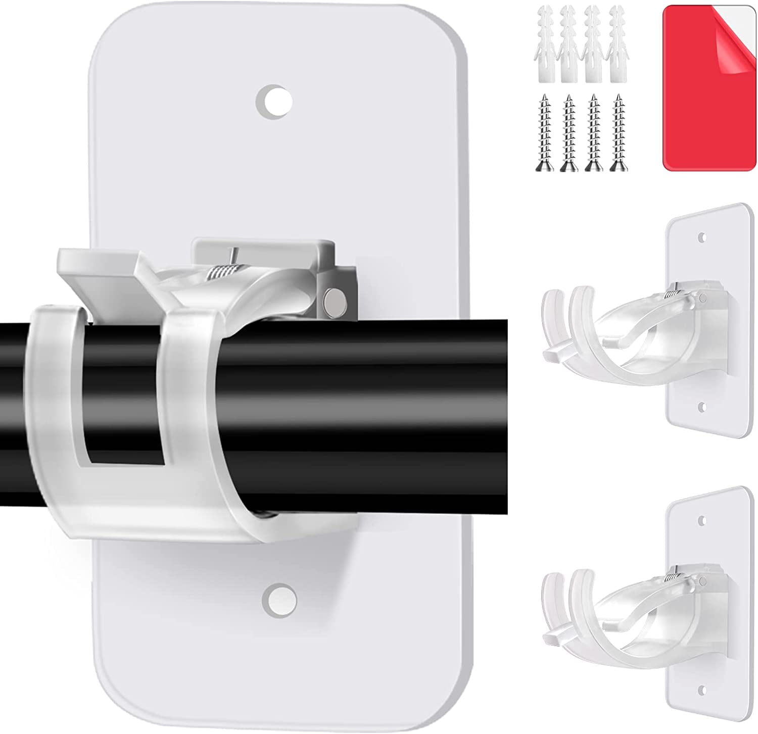 2PCS Transparent Curtain Rod Bracket No Drilling, Adhesive Curtain Rod Holder Hooks, 3M Curtain Rod Brackets Hanger with Screws, Drapery Wall Mount Brackets for 1-3 cm Rod (2 PCS, Transparent)