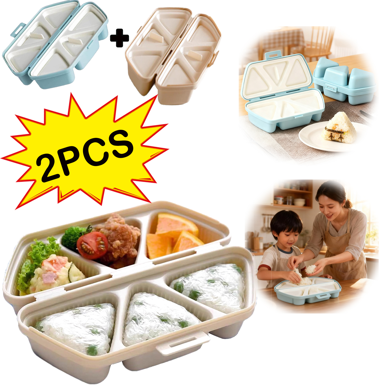 2pcs Rice 2PCS Triangle Onigiri Press Mold 6-Cell, Rice Ball Making Kit for Sushi ...