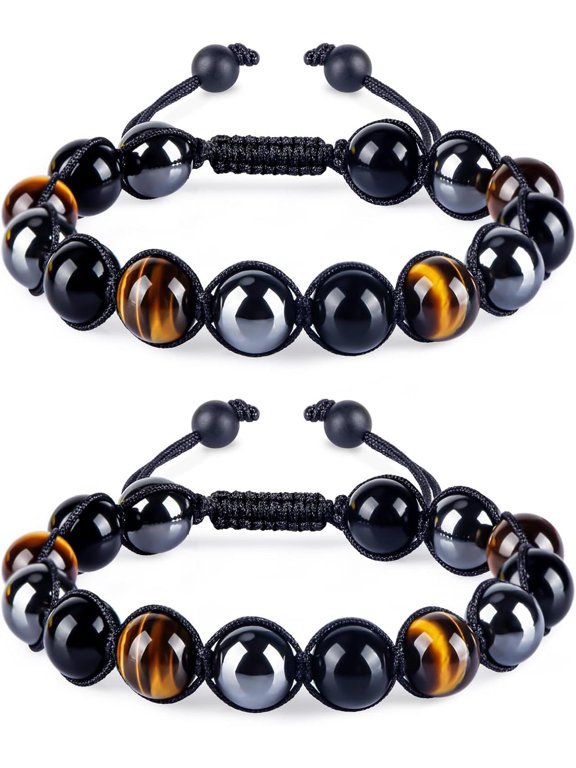 2PCS Triple Protection Bracelet, Tiger Eye Bracelet for Men and Women Black Hematite and Obsidian 10mm Crystal Beads Bracelet Handmade Gifts for Luck Prosperity