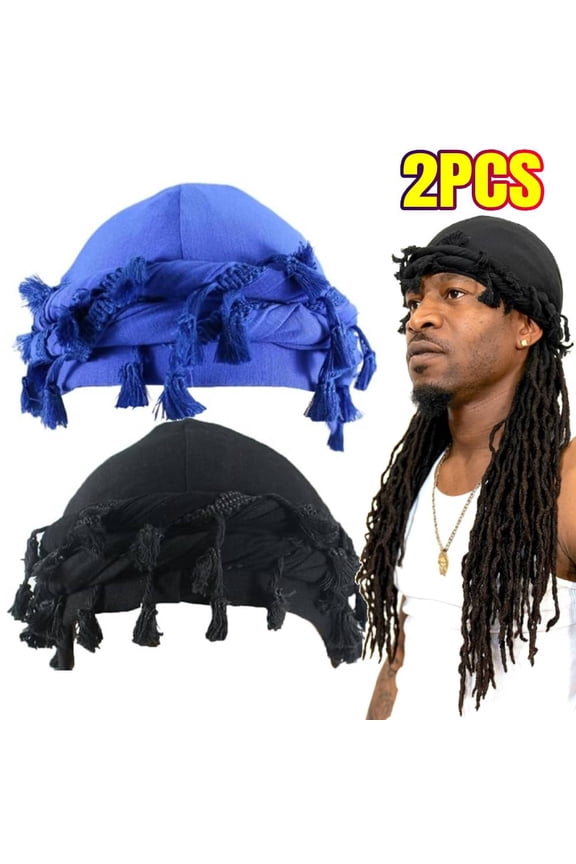 2PCS Turban for Men Women Satin Lined Durag Head Wrap Vintage Modal Twist Halo Turban with Tassel (BLACK, BLUE)