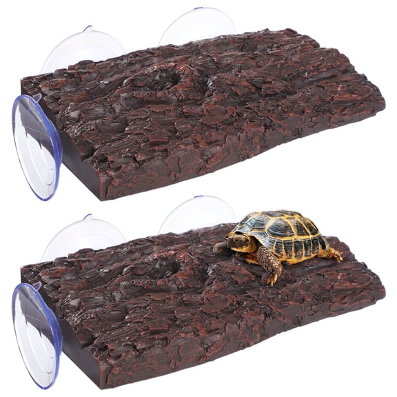 2PCS Turtle Basking Platforms, Resin Tortoise Climbing Dock with Suction Cups for Aquarium Terrarium, Natural Bark Texture Resin Reptile Resting Terrace for Frogs, Amphibians, Lizards