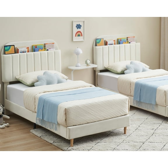 2PCS Twin Bed Frames, Upholstered Platform Bed Frame with Bookcase Headboard, Velvet Platform Bed Mattress Foundation, Heavy Duty Steel Support Legs, Easy Assembly, Noise Free