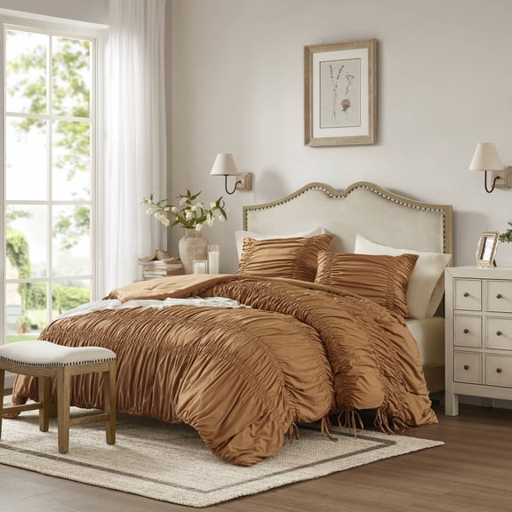 2PCS Twin/Twin XL Comforter Set, Caramel Ruched Tassel Bedding with Pillow Sham, All Season
