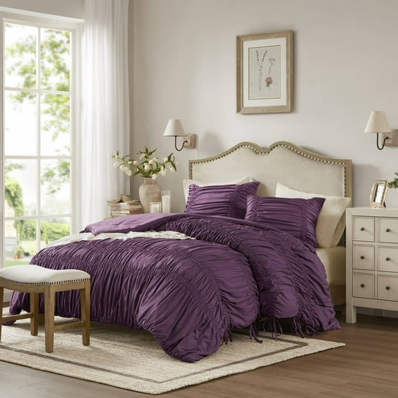 2PCS Twin/Twin XL Comforter Set, Purple Ruched Tassel Bedding with Pillow Sham, All Season