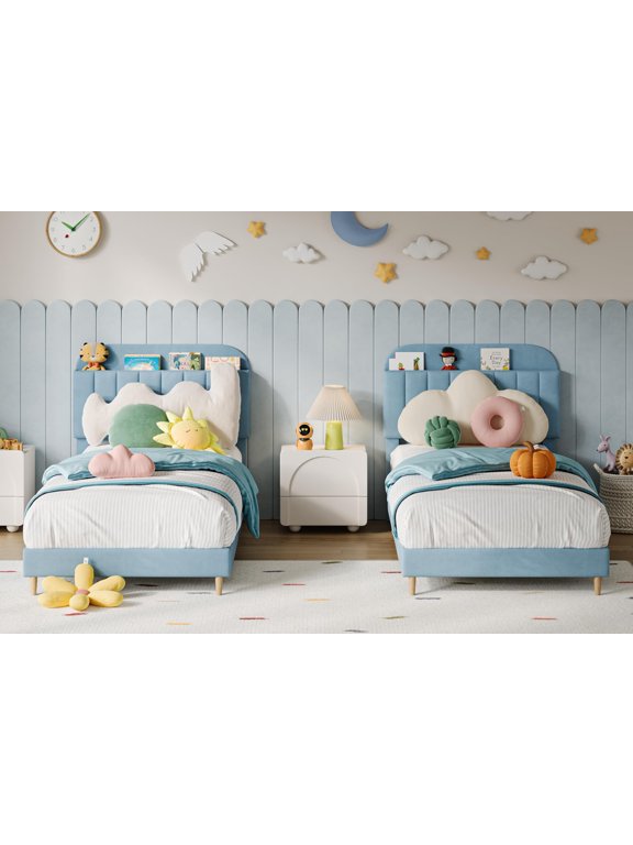 2PCS Twin Upholstered Platform Bed Frames with Bookcase Headboard  Suede Mattress Base  Sturdy Steel Legs  Noise-Free, Easy Assembly  Storage Bed for Bedroom  Blue  System default