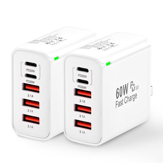 2PCS USB C Fast Charger Block, 60W 5-Port USB C Wall Charger 30W Type C Charging Block, 2USB C+3USB A PD 3.0 Multiport Charging Cube Compatible with iPhone 16 15 14 13 Pro Max, Galaxy S25 S24 Ultra