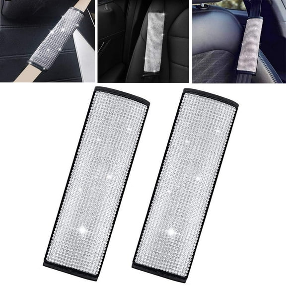 2PCS Universal Crystal Diamond Car Seat Belt Shoulder Pads, Adjustable Seatbelt Cover Velcro, Shoulder Pads for Most Cars, White