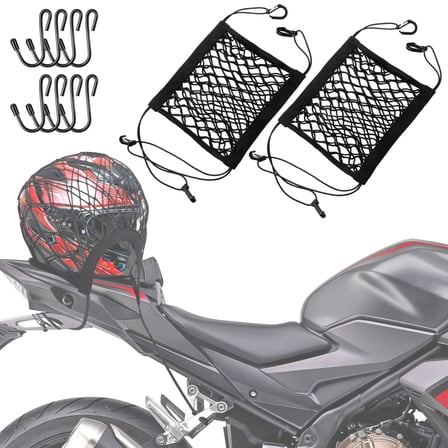 2PCS Upgrade Cargo Net for Motorcycle Helmet Storage, 10"X11" High-Elastic Double Layer Bungee Net with 8 Extra Strong Metal Hooks, Luggage Strap Rack Expansion Organizer Net for Motorbike Trike Cycle