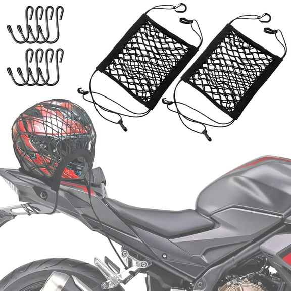 2PCS Upgrade Cargo Net for Motorcycle Helmet Storage, 10"X11" High-Elastic Double Layer Bungee Net with 8 Extra Strong Metal Hooks, Luggage Strap Rack Expansion Organizer Net for Motorbike Trike Cycle