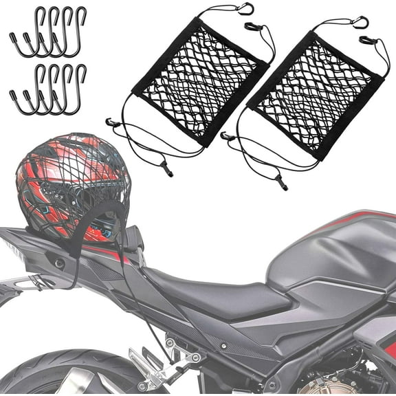 2PCS Upgrade Cargo Net Motorcycle Helmet Storage, 10"X11" High-Elastic Double Layer Bungee Net with 8 Extra Strong Metal Hooks, Luggage Strap Rack Expansion Organizer Net for Motorbike Trike Cycle