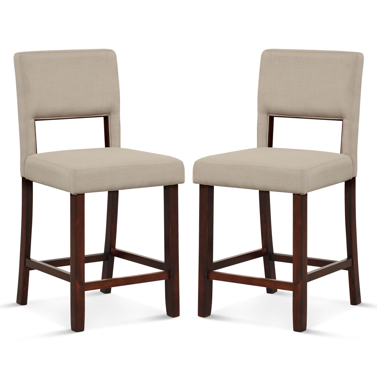 Beige Upholstered Linen Bar Stools with Wooden Legs, Set of 2