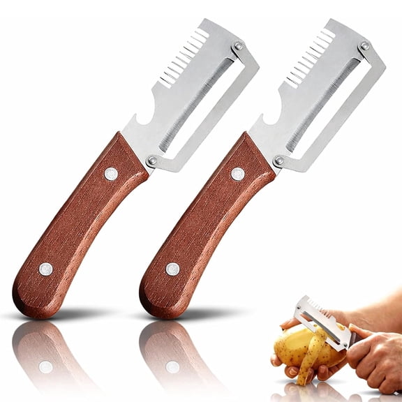 2PCS Vegetable Peeler, Multifunctional Stainless Steel Peeler with Wooden Handle and Bottle Opener, Ultra-Sharp Kitchen Tool for Fruit Vegetable Potato Carrot Peeling