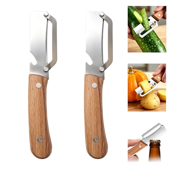 2PCS Vegetable Peeler With Wooden Handle, 7.48in Stainless Steel Wide Blade Potato and Carrot Peeler, 2-in-1 Veggie Peeler With Bottle Opener for Kitchen, Camping and Travel