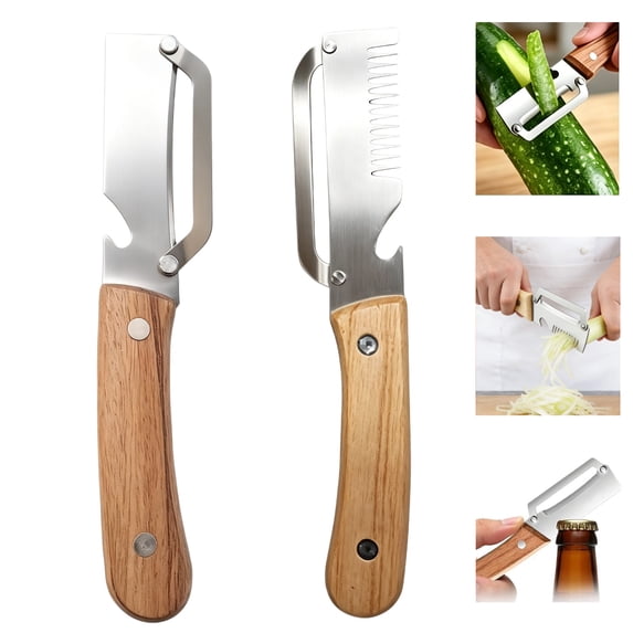 2PCS Vegetable Peeler With Wooden Handle, Stainless Steel Wide Blade Potato and Carrot Peeler, 3-in-1 Veggie Peeler With Scallion Shredder and Bottle Opener for Kitchen, Camping and Trave(mix)