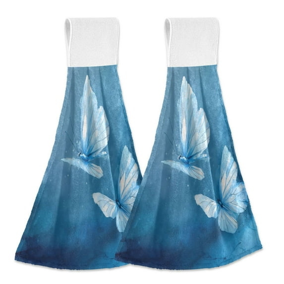 2PCS Velcro Hangable Hand Towels Quick-Drying Hanging Kitchen Towels for Kitchen & Bathroom Abstract Blue and White Butterfly