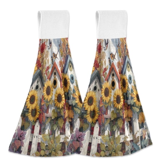 2PCS Velcro Hangable Hand Towels Quick-Drying Hanging Kitchen Towels for Kitchen & Bathroom Birdhouses with Sunflowers