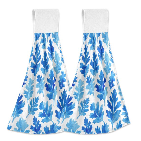 2PCS Velcro Hangable Hand Towels Quick-Drying Hanging Kitchen Towels for Kitchen & Bathroom Blue Oak Leaf Pattern