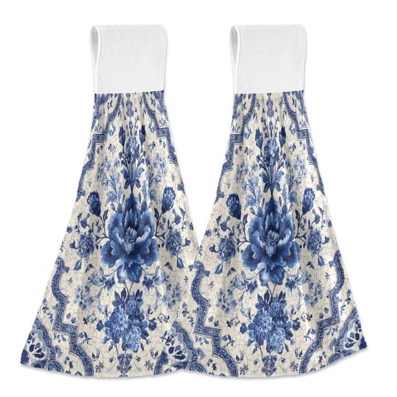 2PCS Velcro Hangable Hand Towels Quick-Drying Hanging Kitchen Towels for Kitchen & Bathroom Blue and White Porcelain-style