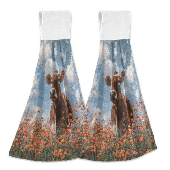2PCS Velcro Hangable Hand Towels Quick-Drying Hanging Kitchen Towels for Kitchen & Bathroom Brown Cow