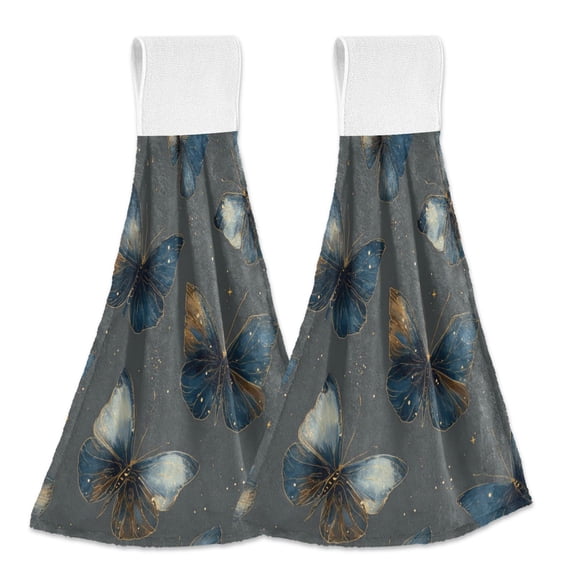 2PCS Velcro Hangable Hand Towels Quick-Drying Hanging Kitchen Towels for Kitchen & Bathroom Brown-blue Butterfly Pattern