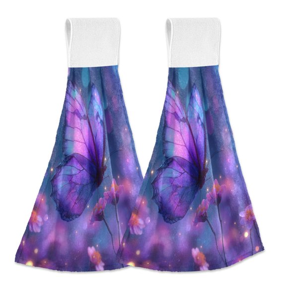 2PCS Velcro Hangable Hand Towels Quick-Drying Hanging Kitchen Towels for Kitchen & Bathroom Butterfly with Glowing Wings
