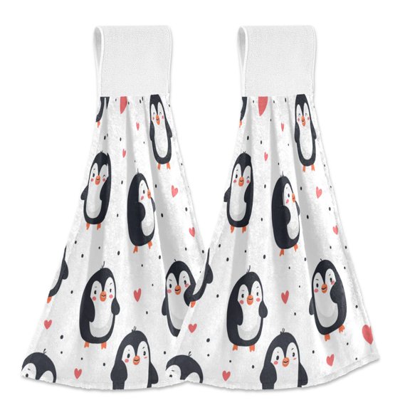 2PCS Velcro Hangable Hand Towels Quick-Drying Hanging Kitchen Towels for Kitchen & Bathroom Cartoon Penguin Pattern