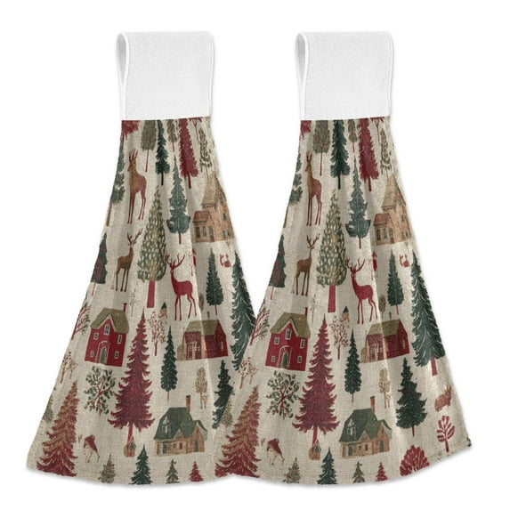2PCS Velcro Hangable Hand Towels Quick-Drying Hanging Kitchen Towels for Kitchen & Bathroom Christmas Trees Deer and Houses