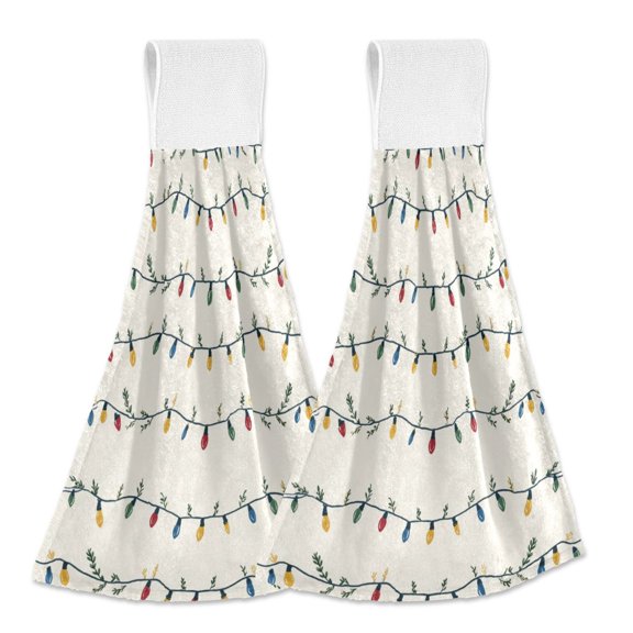 2PCS Velcro Hangable Hand Towels Quick-Drying Hanging Kitchen Towels for Kitchen & Bathroom Colorful Christmas Lights Pattern