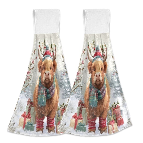 2PCS Velcro Hangable Hand Towels Quick-Drying Hanging Kitchen Towels for Kitchen & Bathroom Cow Wearing Christmas Hat