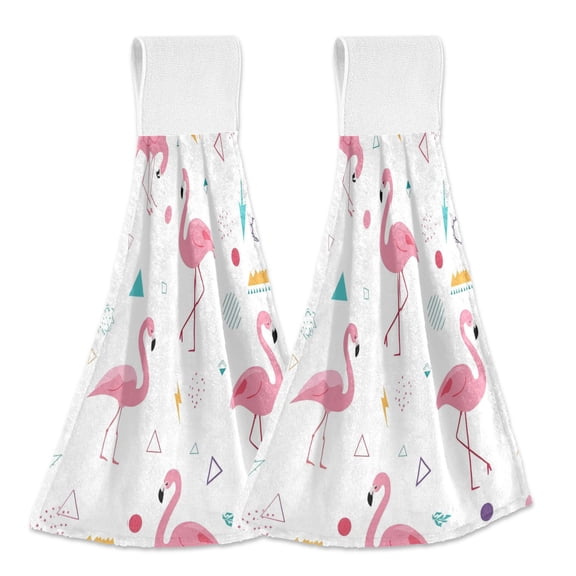2PCS Velcro Hangable Hand Towels Quick-Drying Hanging Kitchen Towels for Kitchen & Bathroom Cute Flamingo Pattern