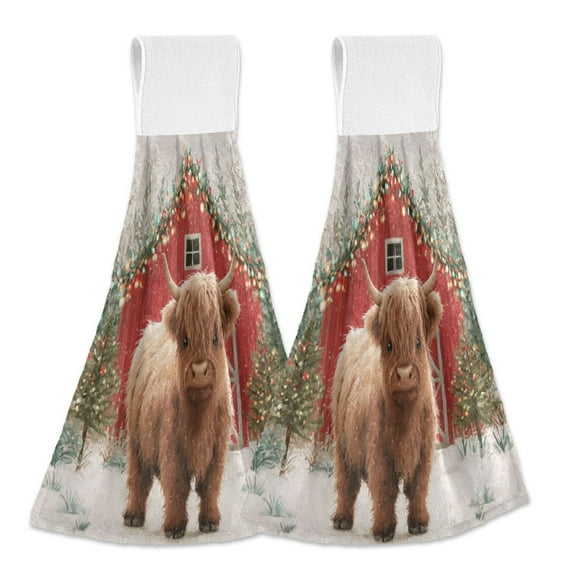 2PCS Velcro Hangable Hand Towels Quick-Drying Hanging Kitchen Towels for Kitchen & Bathroom Cute Highland Cow Pattern