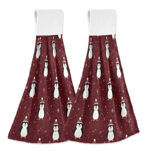 2PCS Velcro Hangable Hand Towels Quick-Drying Hanging Kitchen Towels for Kitchen & Bathroom Cute Penguin Pattern