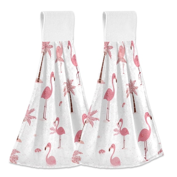 2PCS Velcro Hangable Hand Towels Quick-Drying Hanging Kitchen Towels for Kitchen & Bathroom Cute Pink Flamingos and Palm Trees